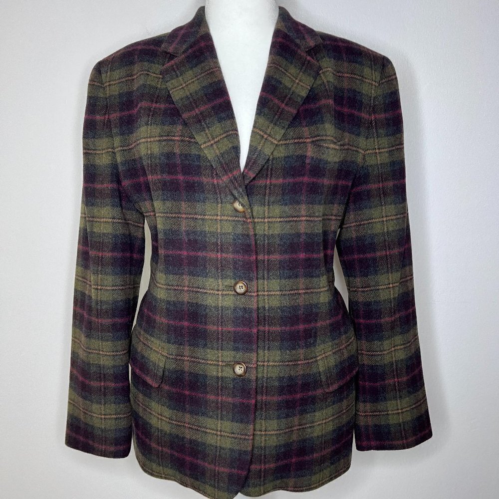 LL Bean Women Blazer 18P Sport Coat Wool‎ Cashmere Plaid Shoulder Pad Academia